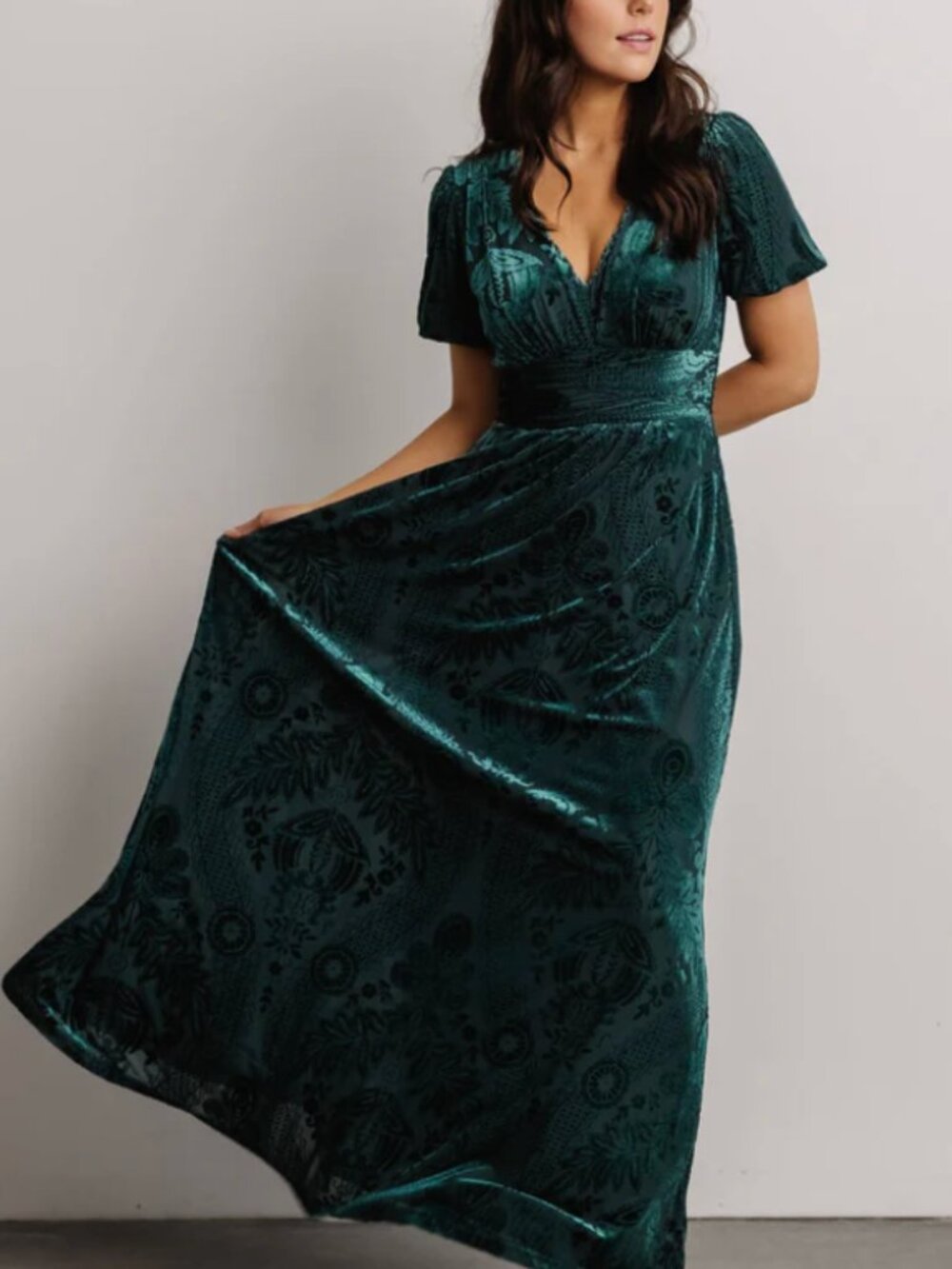 Baltic Born Leslie Embossed Velvet Maxi Emerald Size L Dress Short Sleeve NWT